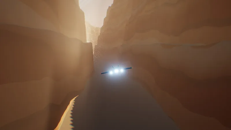 Flying low and fast through a dusty canyon